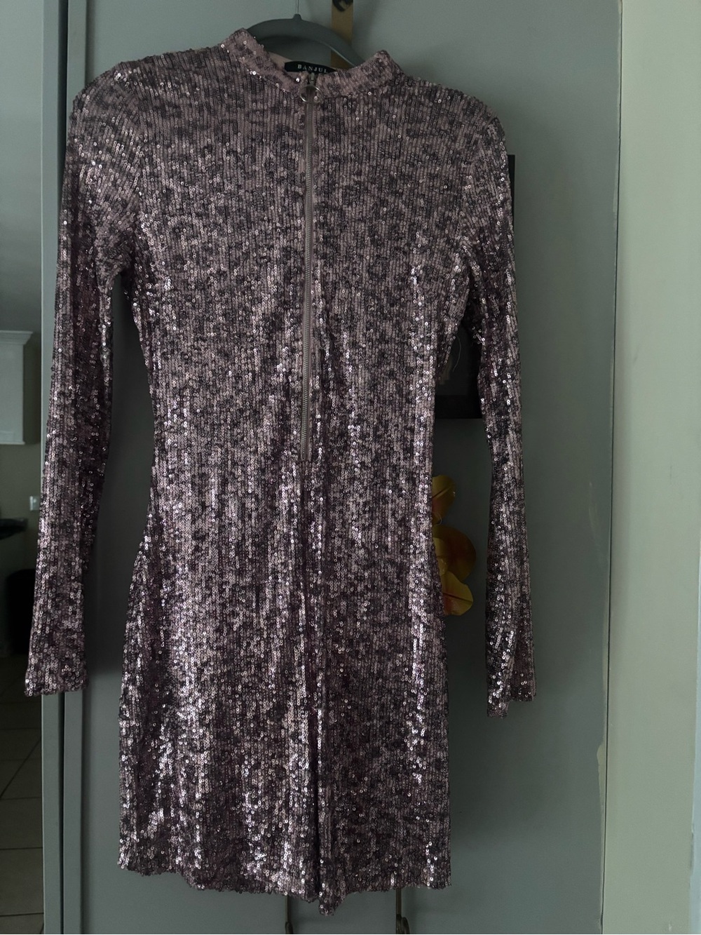 Sequined Long-Sleeve Zip Front Dress - Pink